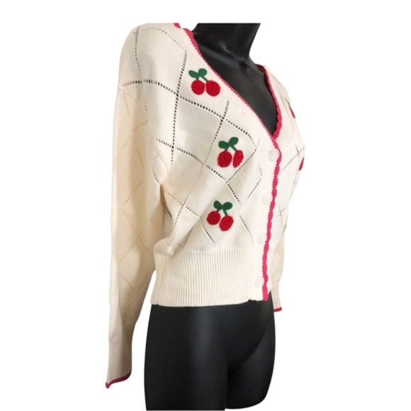 Jessica Simpson cream & pink scalloped trim cherry diamond pattern cardigan sz M - Picture 15 of 17